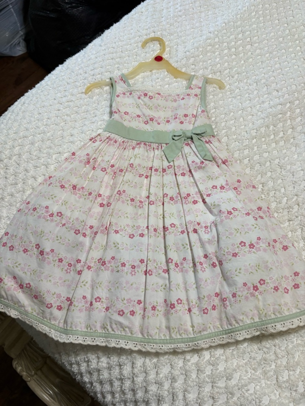 Vintage Girls Pink Floral Party Dress with Sage Bow